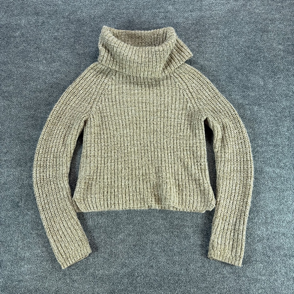 Mossimo Womens Tan Marl Chunky Rib Knit Turtleneck Sweater Raglan Crop XS Boho